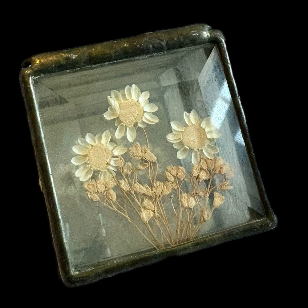 Vintage Stained Glass Pressed Flower Mirrored Bottom Trinket Box
